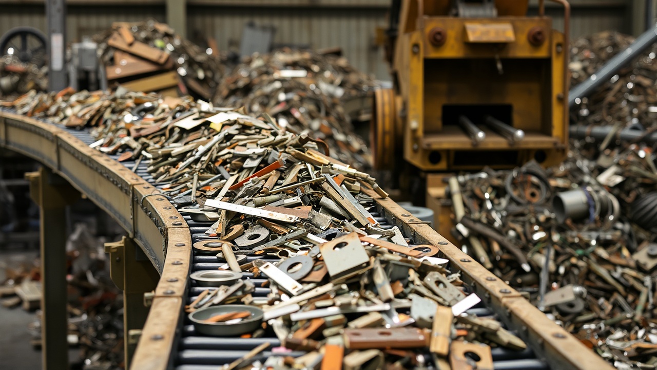 Rottami metallici misti su nastro trasportatore in impianto di riciclo, scarti di metallo industriale destinati al recupero e alla lavorazione dei metalli.