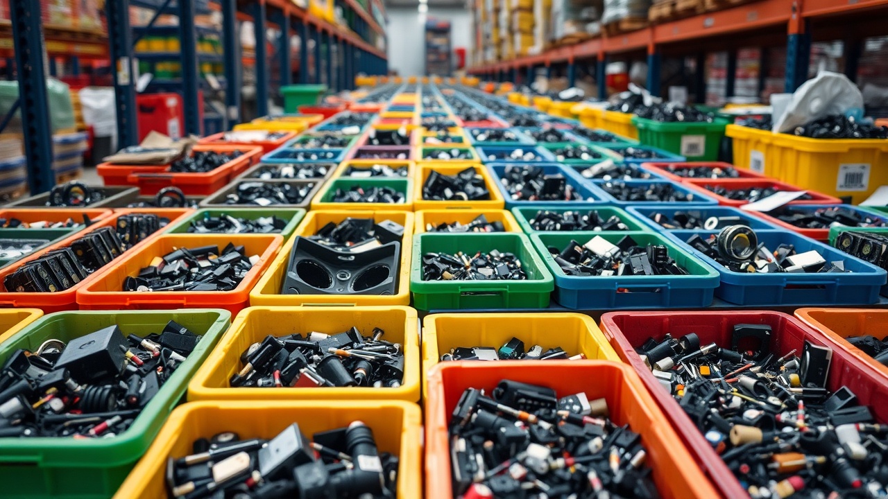 Selezione e raccolta di rifiuti elettronici RAEE in contenitori colorati all’interno di un magazzino, componenti elettronici destinati al riciclo e al corretto smaltimento.