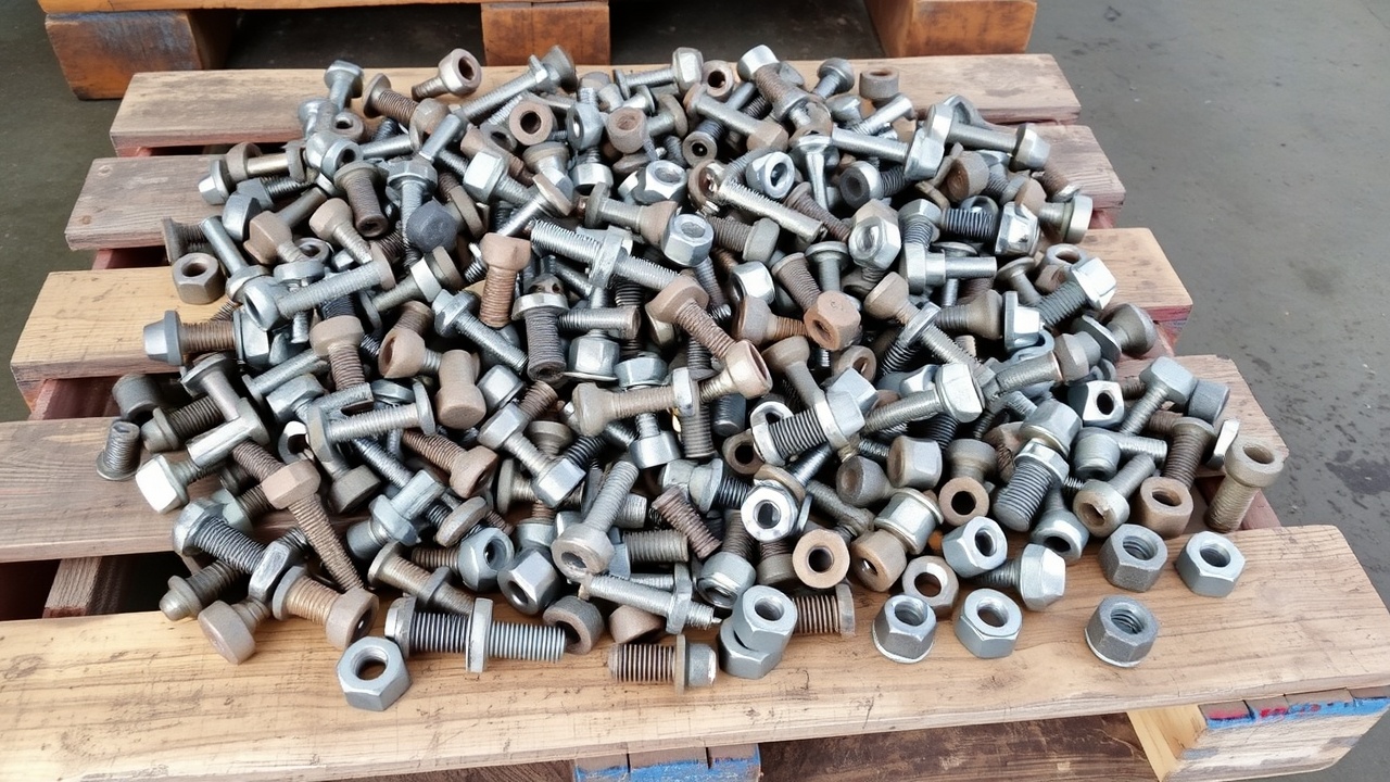 Bulloni, viti e dadi metallici industriali sfusi su pallet in legno, componenti di fissaggio in acciaio per costruzioni, meccanica e industria.