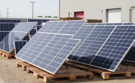 Pannelli solari stoccati su pallet in attesa di smaltimento e trattamento RAEE