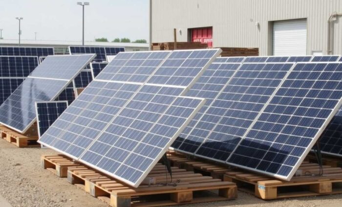 Pannelli solari stoccati su pallet in attesa di smaltimento e trattamento RAEE