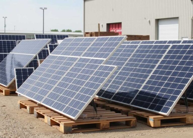 Pannelli solari stoccati su pallet in attesa di smaltimento e trattamento RAEE