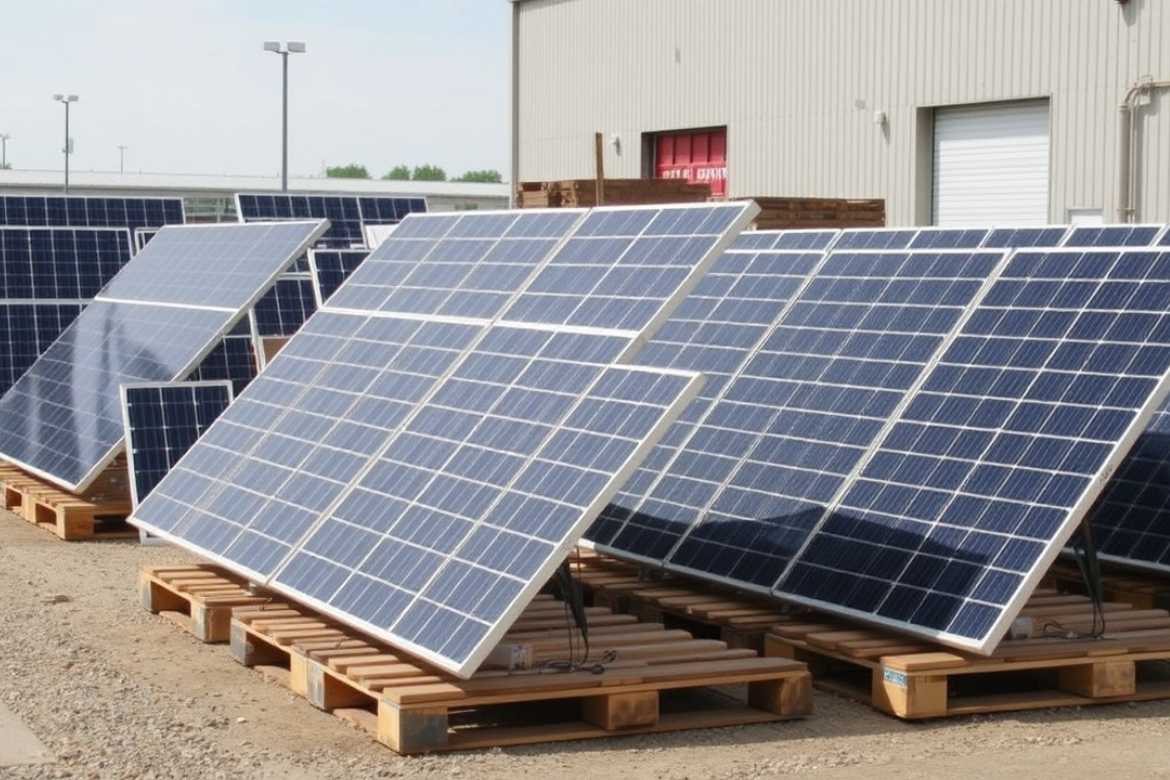 Pannelli solari stoccati su pallet in attesa di smaltimento e trattamento RAEE